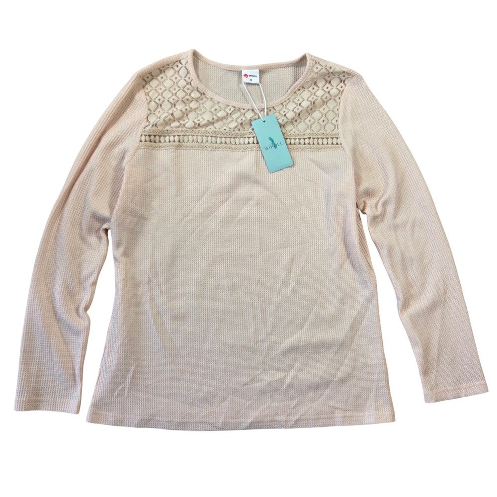 Wiholl Womens Blush Pink Waffle Knit Lace Long Sleeve Top Medium NWT Boho